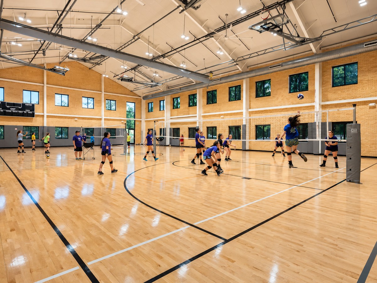 A volleyball match in progress on the R4 Gymnasium court